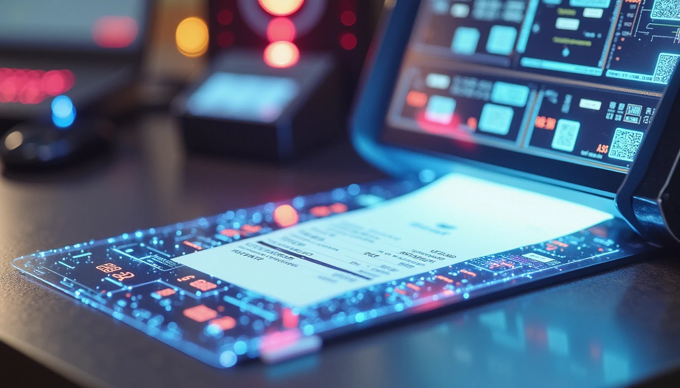 Futuristic macro view of AI-powered receipt scanner analyzing metadata and detecting document fraud with holographic data overlays