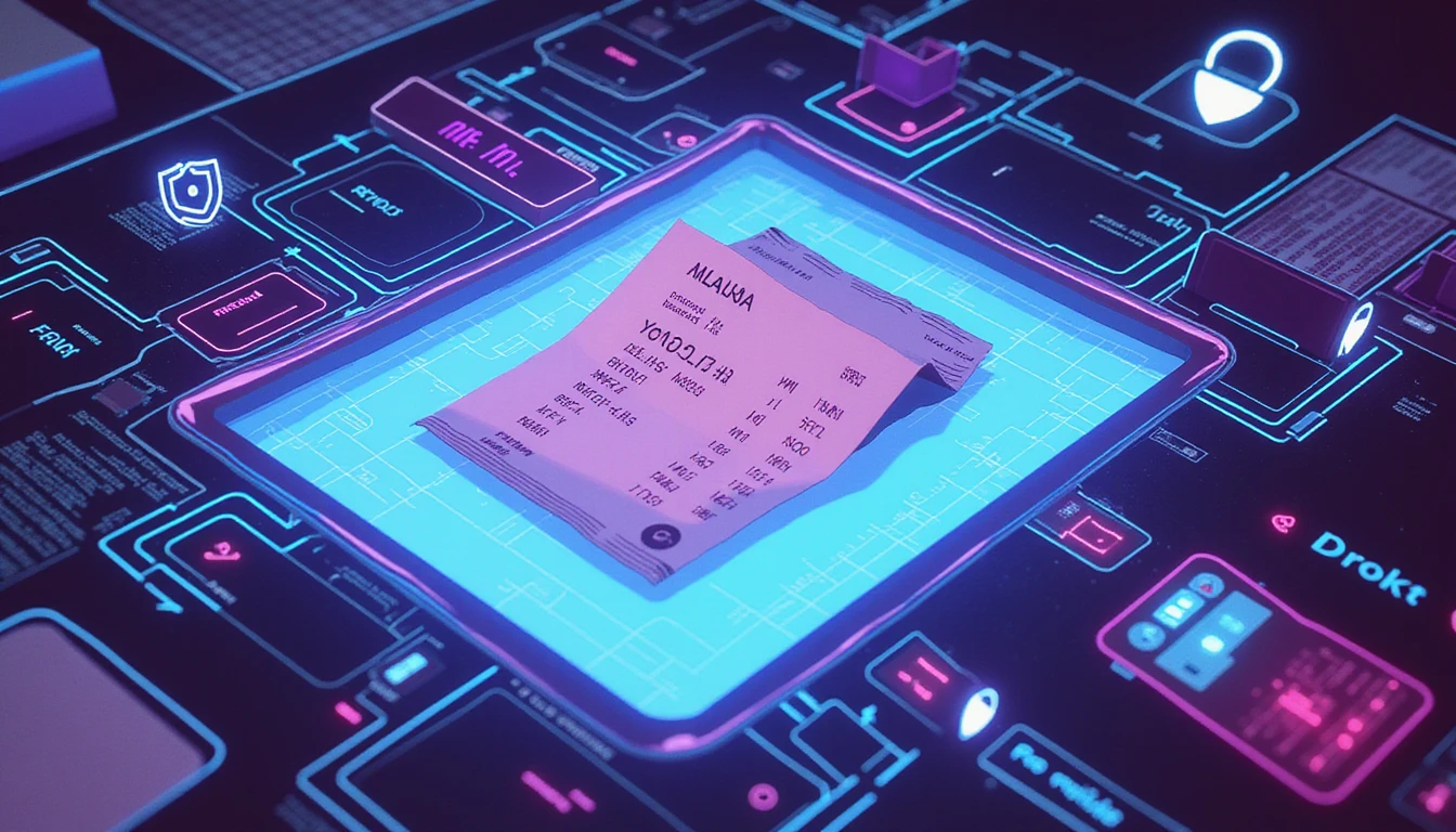Futuristic AI scanner analyzing digital receipt with neon code and heatmaps, symbolizing fraud detection in expense management.