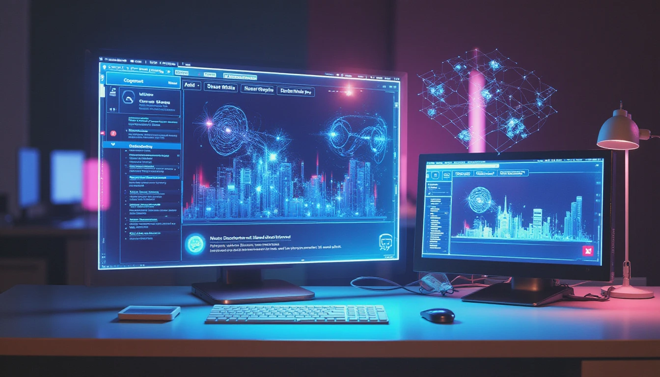 Corporate workspace with holographic expense interface, AI fraud detection visuals, and glowing neural network analysis in background