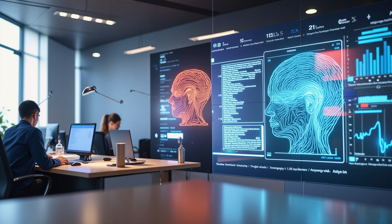 Futuristic insurance office with holographic interface analyzing claims data and facial scans amid AI fraud detection visuals