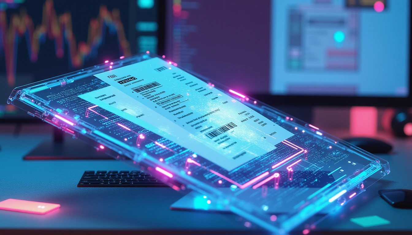 Hyper-realistic macro of AI interface analyzing digital receipt with neon metadata streams in futuristic expense management UI