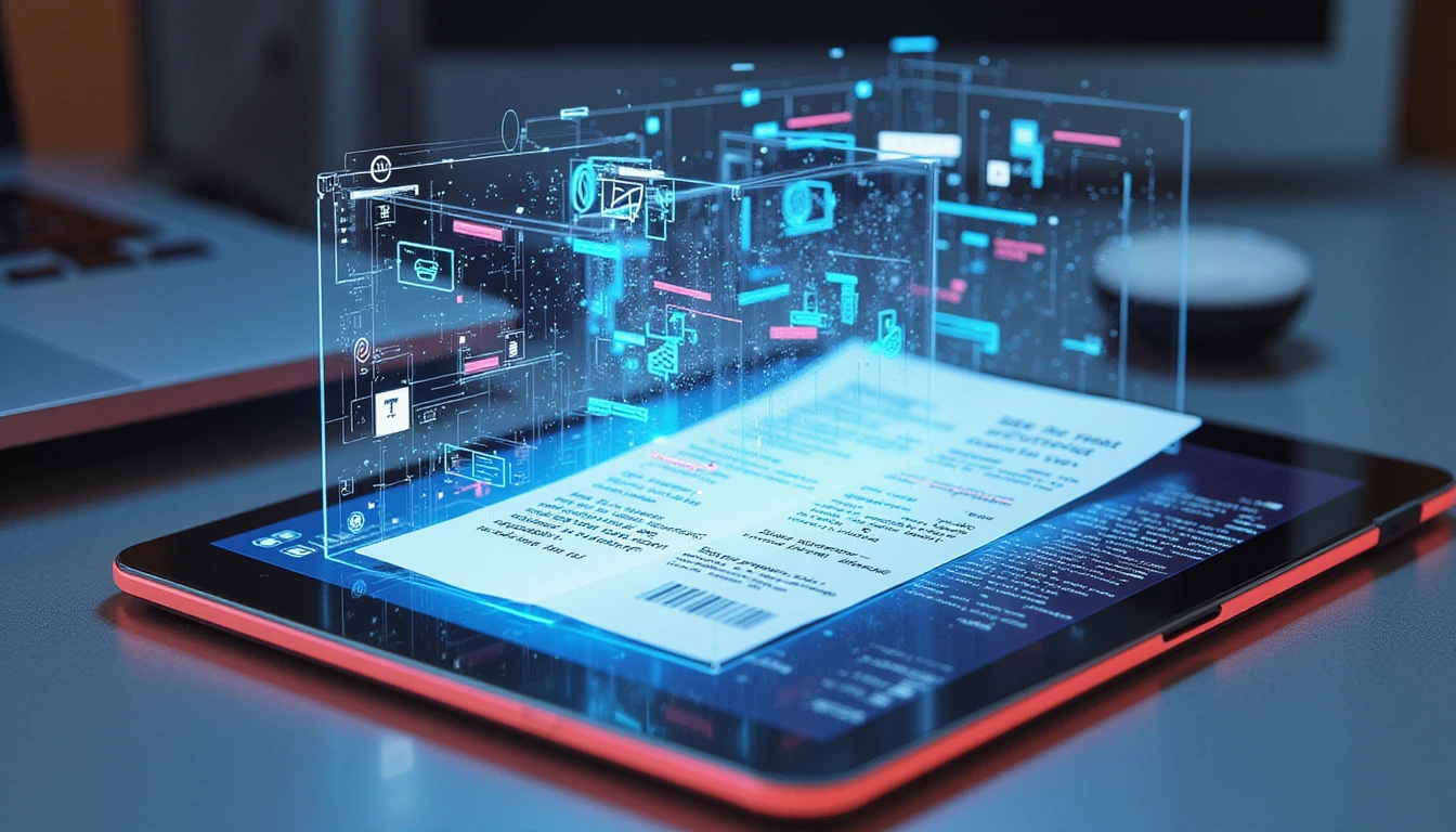 Futuristic workspace showing AI-powered OCR analyzing a digital receipt with fraud detection highlights and data stream overlays.