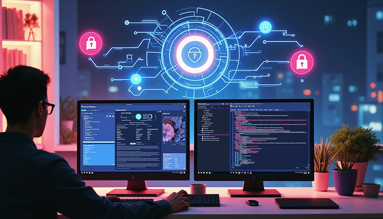 Futuristic office with dual screens analyzing receipts via AI OCR fraud detection, holographic security elements hovering above desk