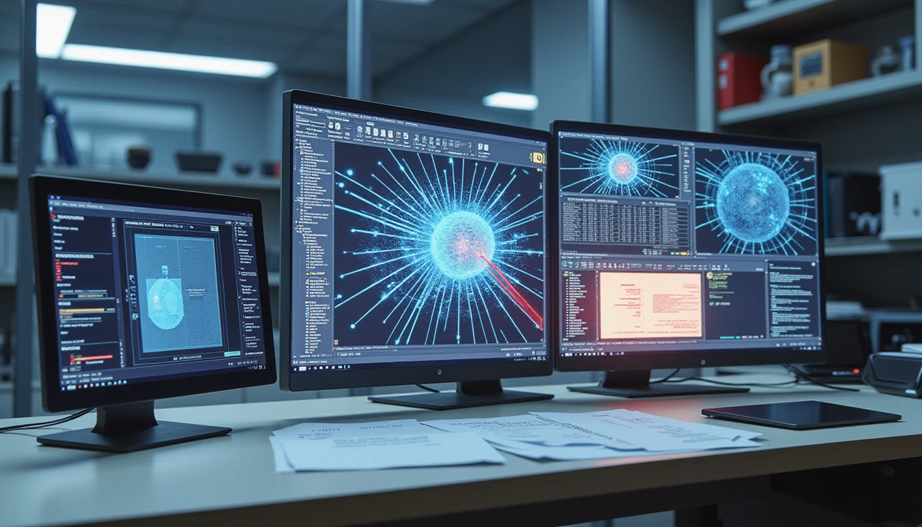 Futuristic insurance office with AI fraud detection, neural network document scan, and secure data integration overlays