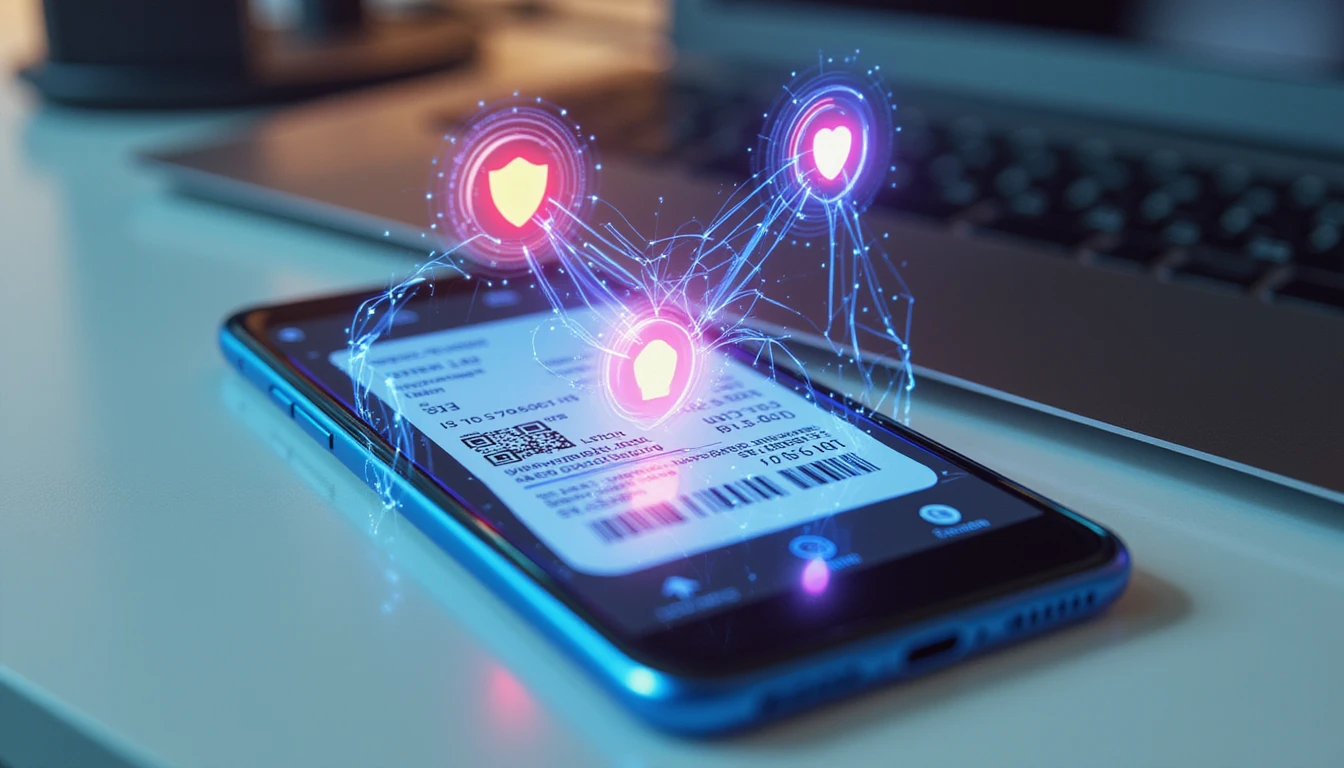 Macro view of smartphone with AI-powered receipt scanner and neon security overlays in a sleek, secure workspace setting