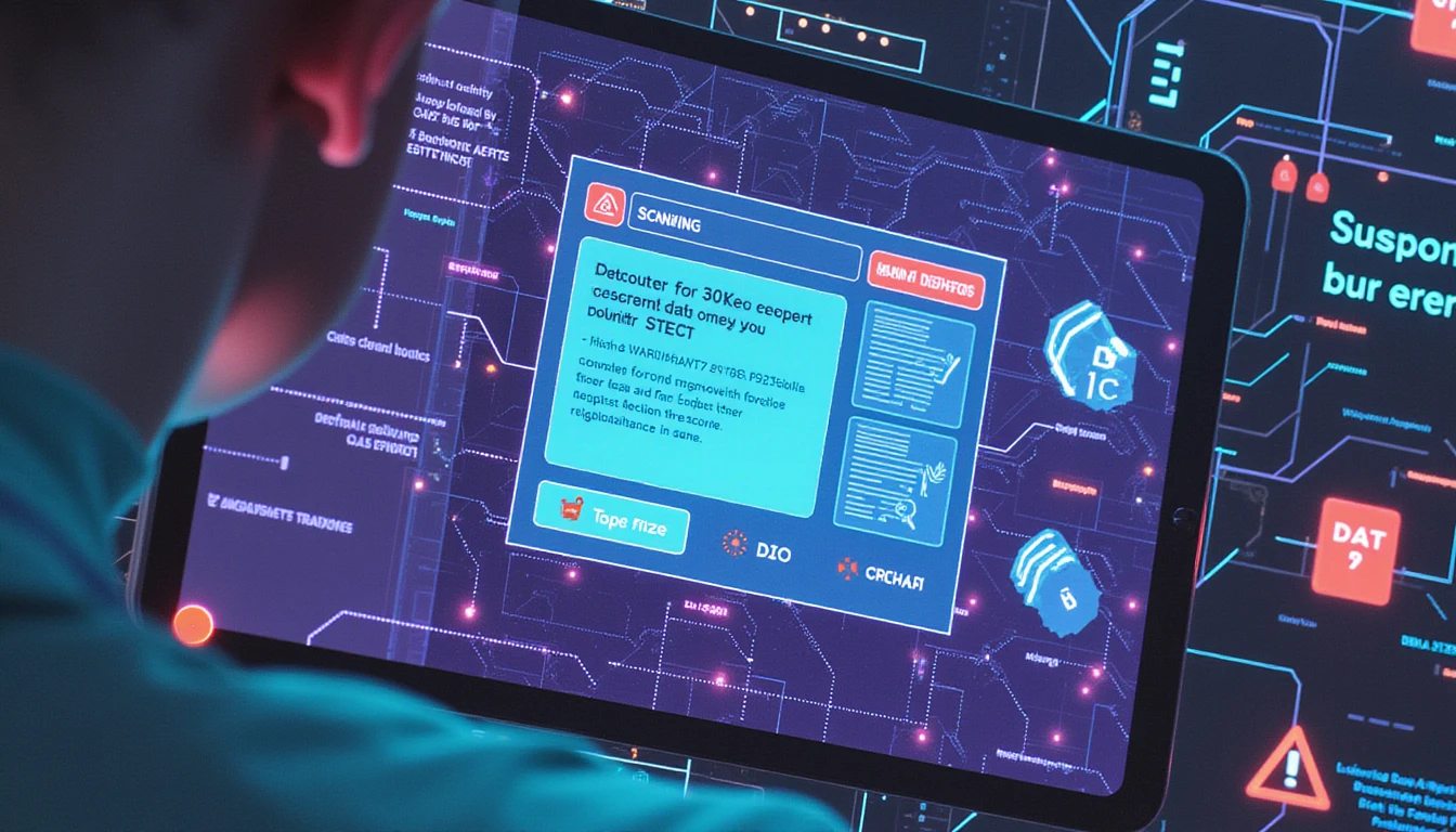 Futuristic AI interface scanning receipts with neon-lit cybersecurity nodes, encrypted data flows, and fraud detection UI panels