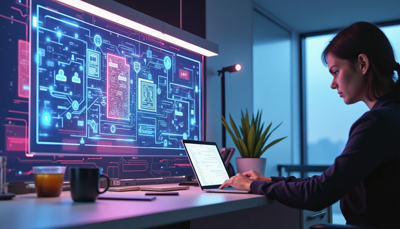 Futuristic insurance office with analysts using glowing AI interfaces detecting fake documents via neural network overlay