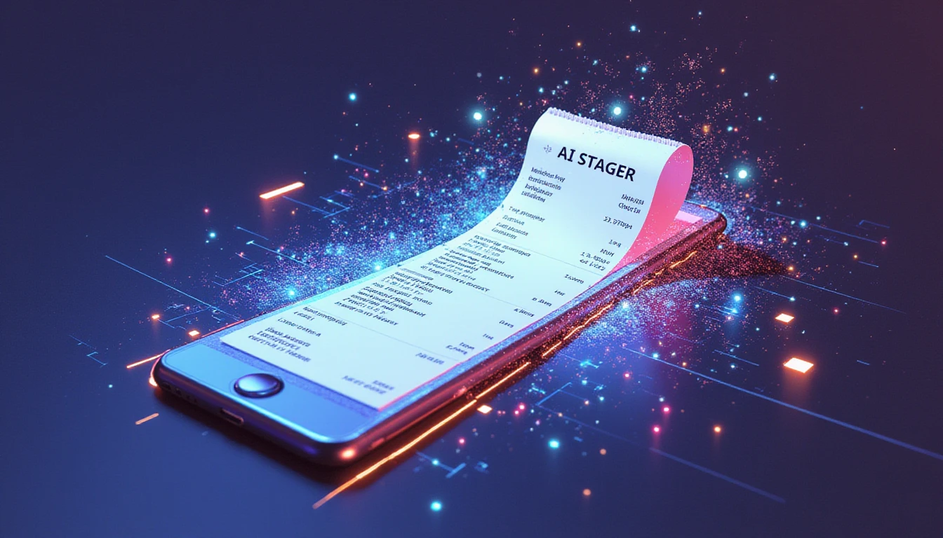 Futuristic AI scanning neon receipt fragments to detect expense fraud, highlighting metadata analysis and GDPR-compliant security.