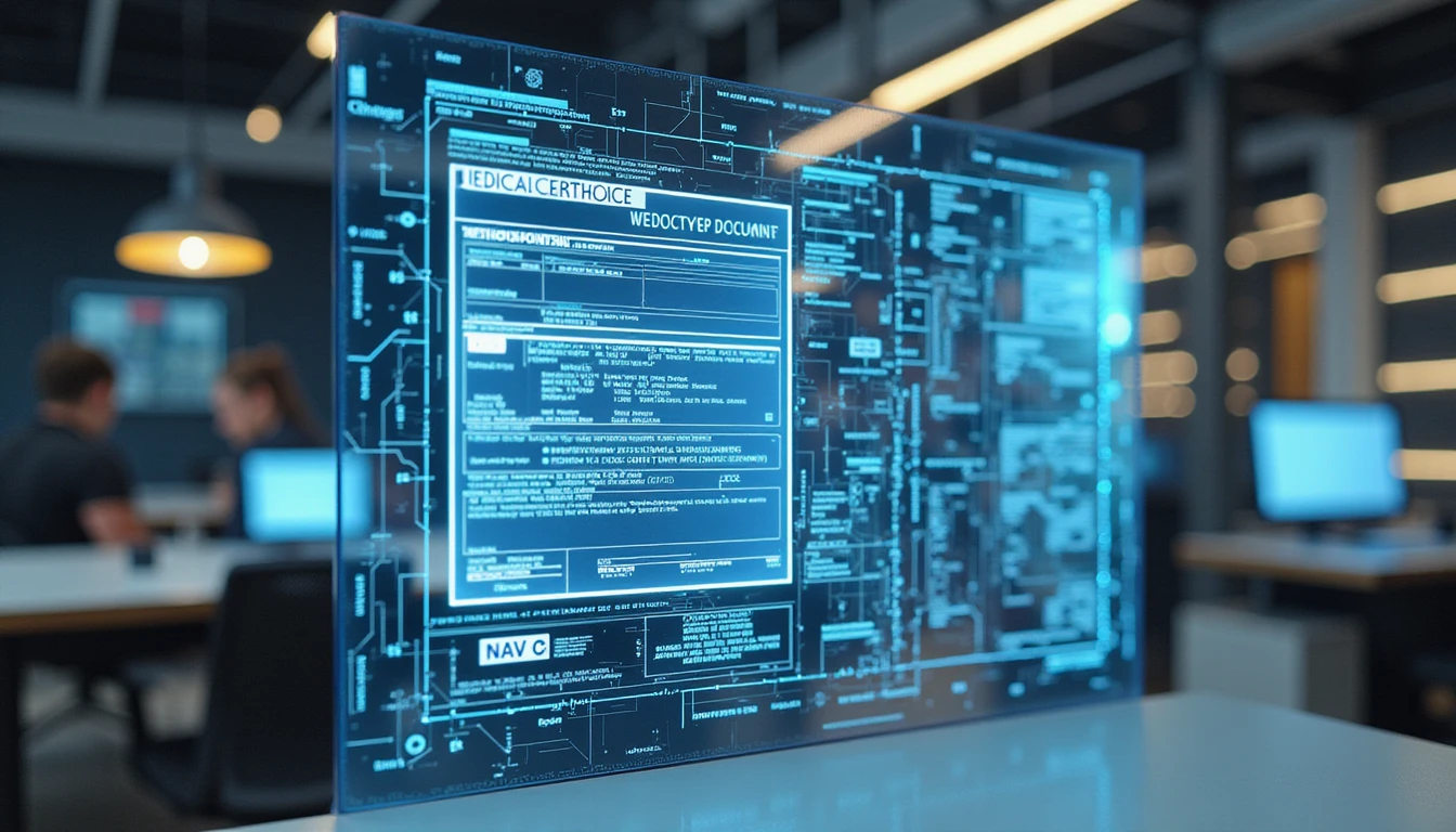 Professional analyzes digital medical certificate via holographic display, AI highlights fraud with neon overlays in futuristic office