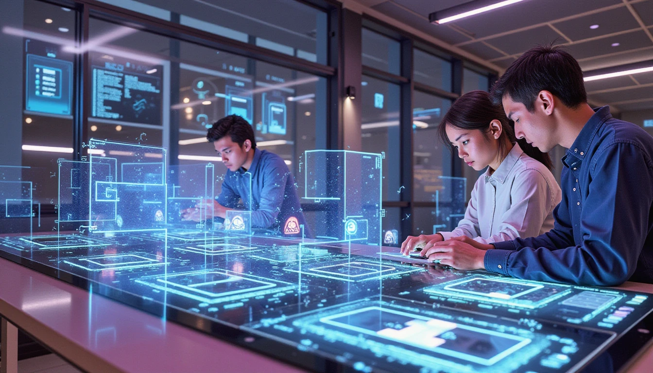 Futuristic insurance office with professionals analyzing claims via holographic screens and AI-driven image fraud detection visuals