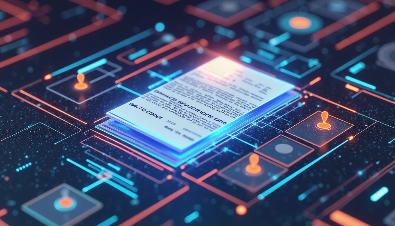 Abstract futuristic diagram of AI analyzing digital expense data with neon holographics for fraud detection and secure processing