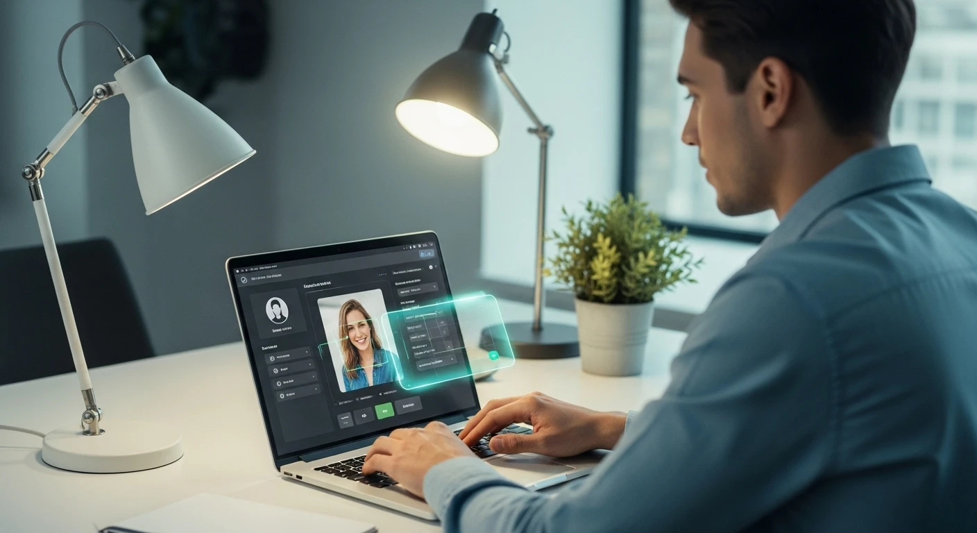 A cinematic scene of a young professional using AI verification tools for dating apps on a sleek device, evoking trust and security.
