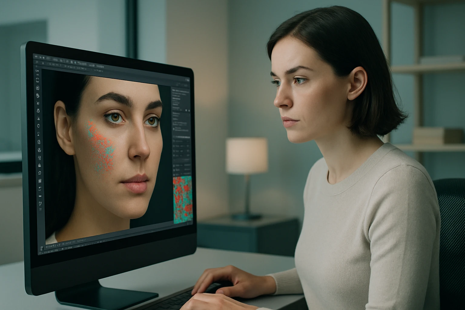 Moderne Umgebung, in der KI-Software ein digitales Foto analysiert, Anomalien hervorhebt und die Notwendigkeit betont, manipulierte digitale Fotos erkennen zu können.