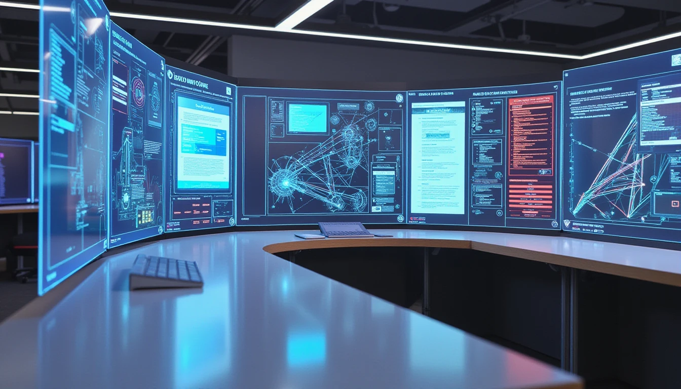 Futuristisches Versicherungsbüro mit holografischen Schadensbildschirmen und KI analysiert Daten und hebt Echtzeit-Betrugserkennung hervor.