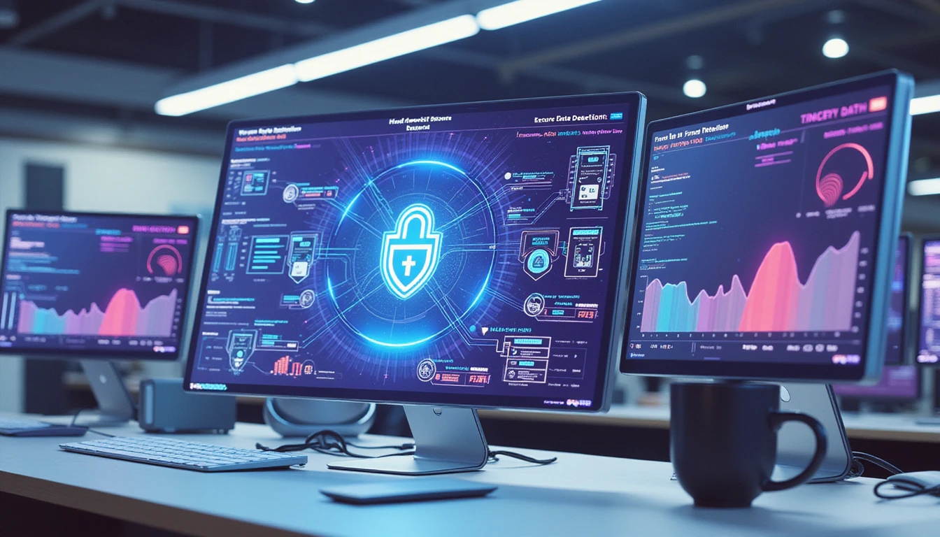 Futuristic digital dashboard showing expense reports, fraud alerts, and AI-powered data flows in a high-tech office setting