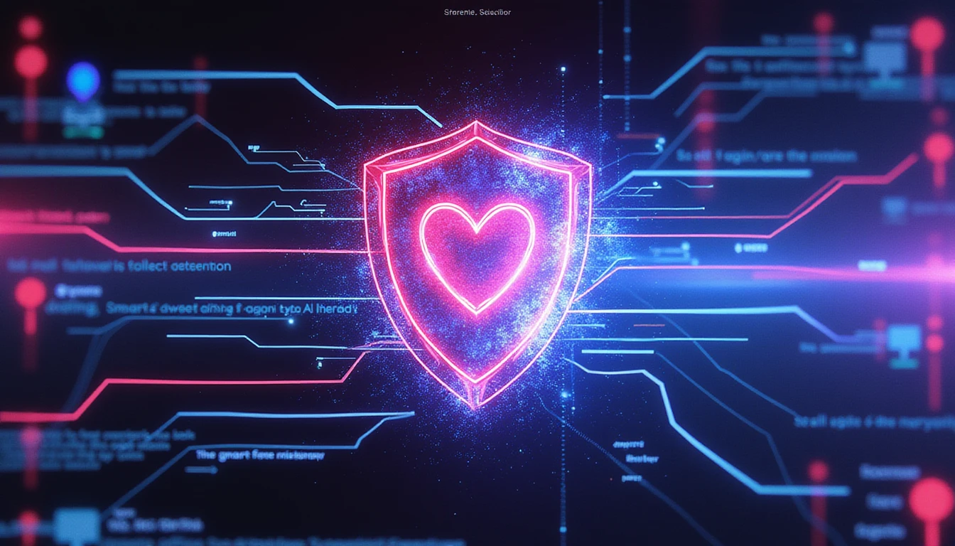 Neon shield guarding a digital heart amid data streams and dissolving fake profiles, symbolizing AI-driven fraud detection in dating apps