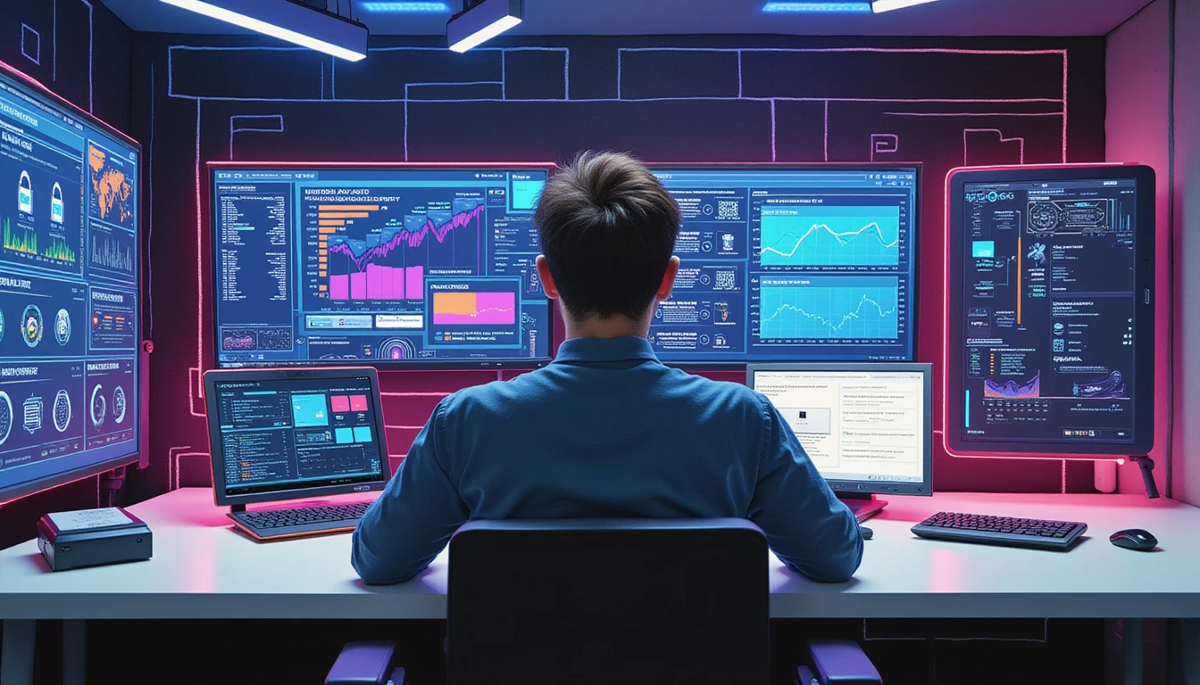 Person at sleek desk in neon-lit workspace analyzing AI-driven fraud detection and digital receipt verification data