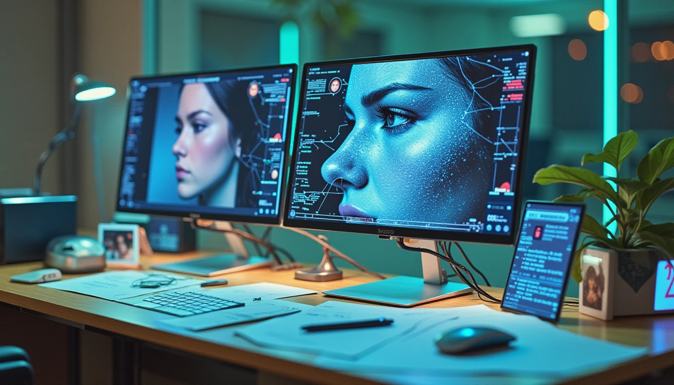 Futuristic insurance desk with facial recognition on screen, digital patterns visualizing AI fraud detection in neon blue-green tones