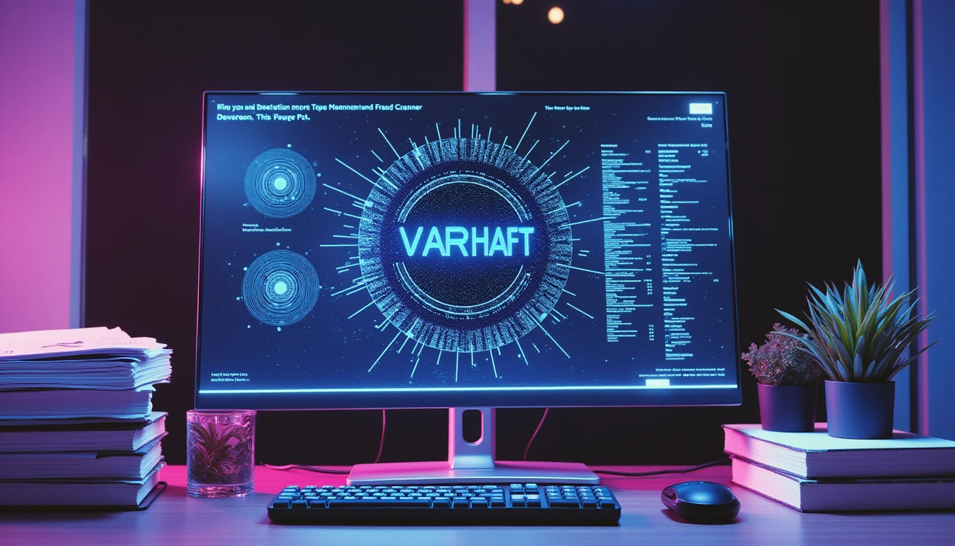 Futuristisches Versicherungsbüro bei Nacht mit VAARHAFTs KI-Betrugsscanner, der Daten über holografische Schnittstellen und neuronales Netzwerk-Overlay analysiert