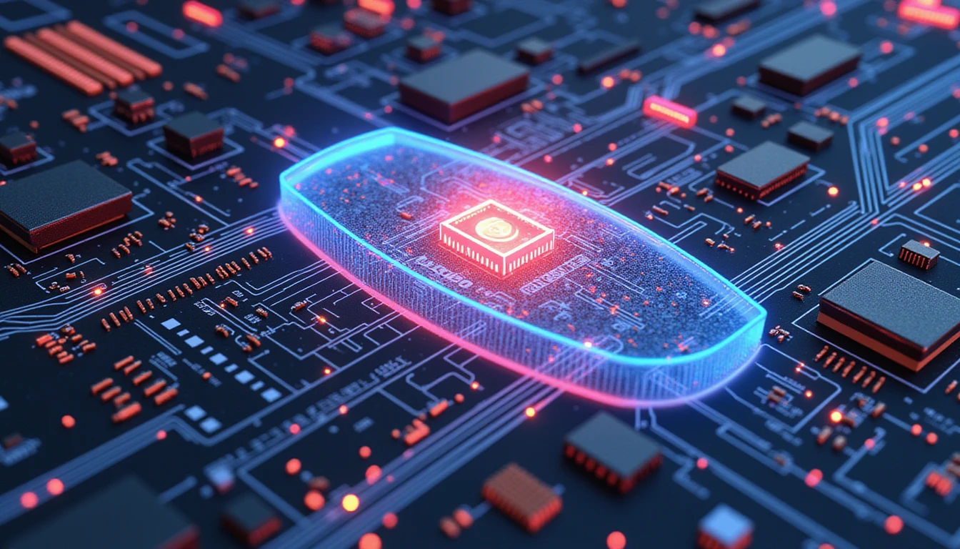 Futuristic digital fraud detection in insurance, featuring a cybernetic circuit board, holographic shield, and AI-driven data verification.