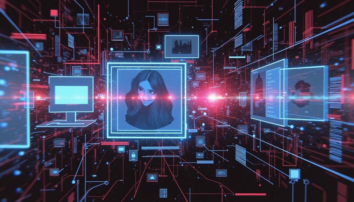 Futuristic AI system detecting digital image forgery in insurance via neural networks, glitches, and anomaly scanners.
