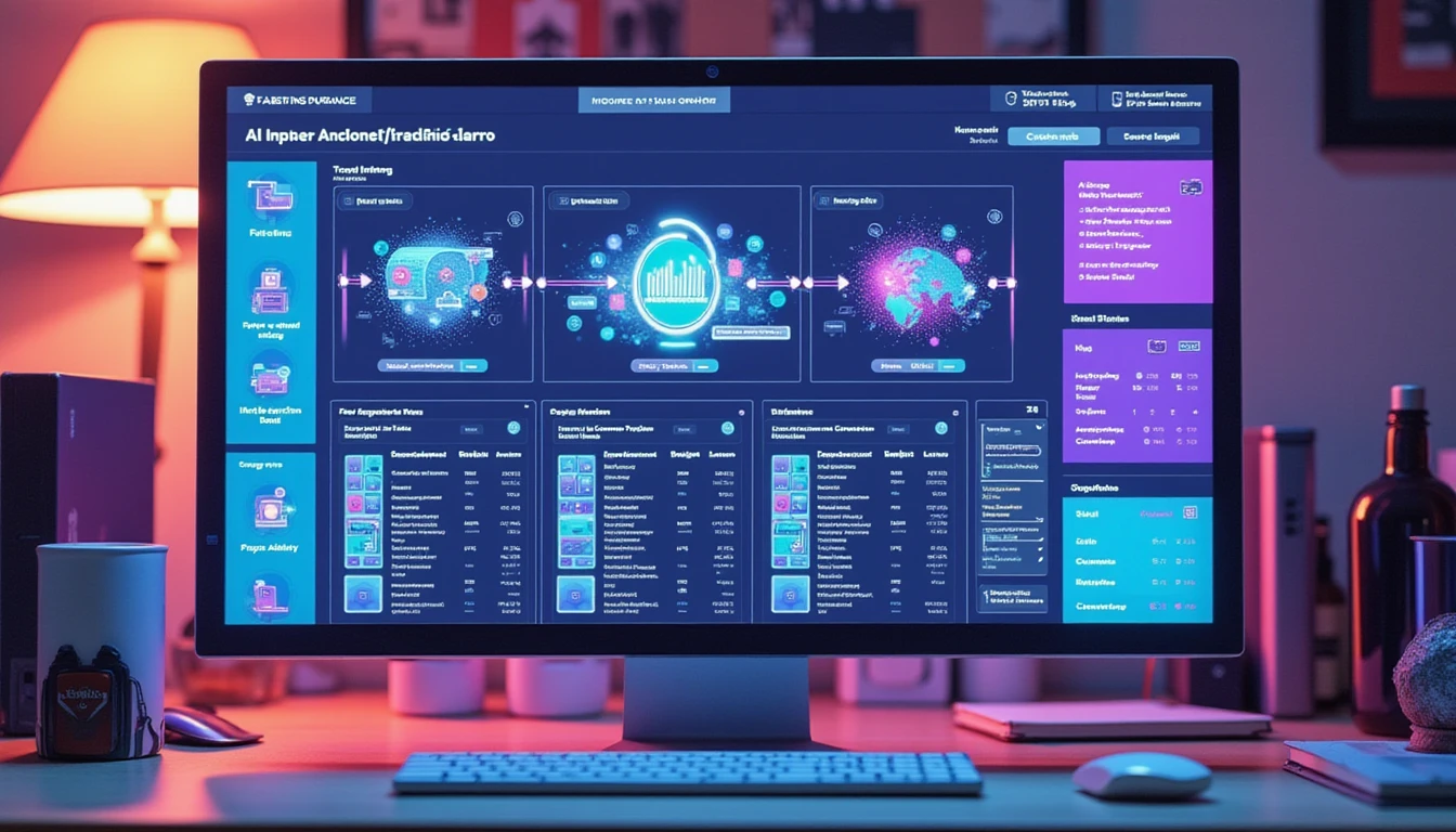Professional insurance office with glowing fraud detection dashboard and neon AI image authentication overlay visuals