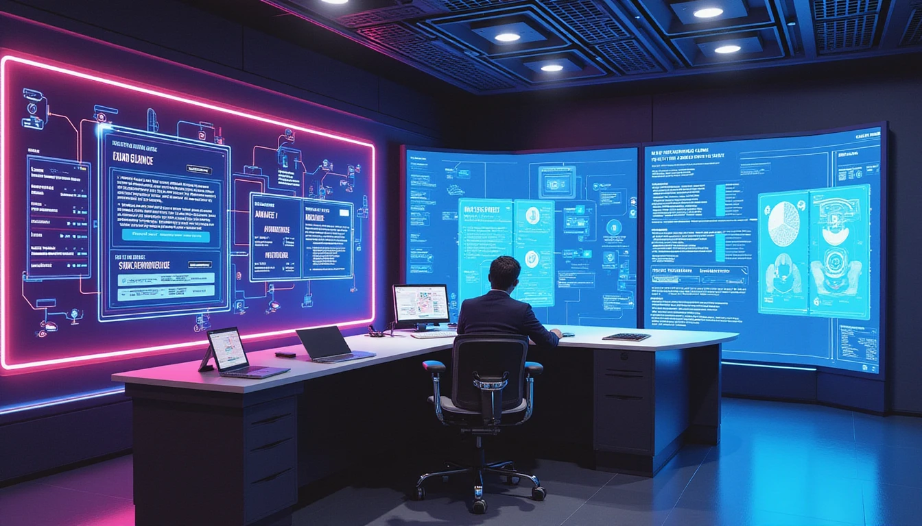 AI-driven fraud detection system analyzing insurance claims on glowing holographic screens in a futuristic, cybernetic control room.