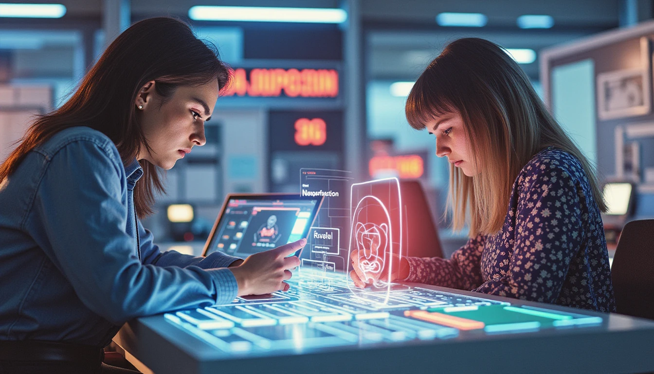 Professionals analyze holographic insurance claims as AI flags deepfake images with glowing facial recognition data.