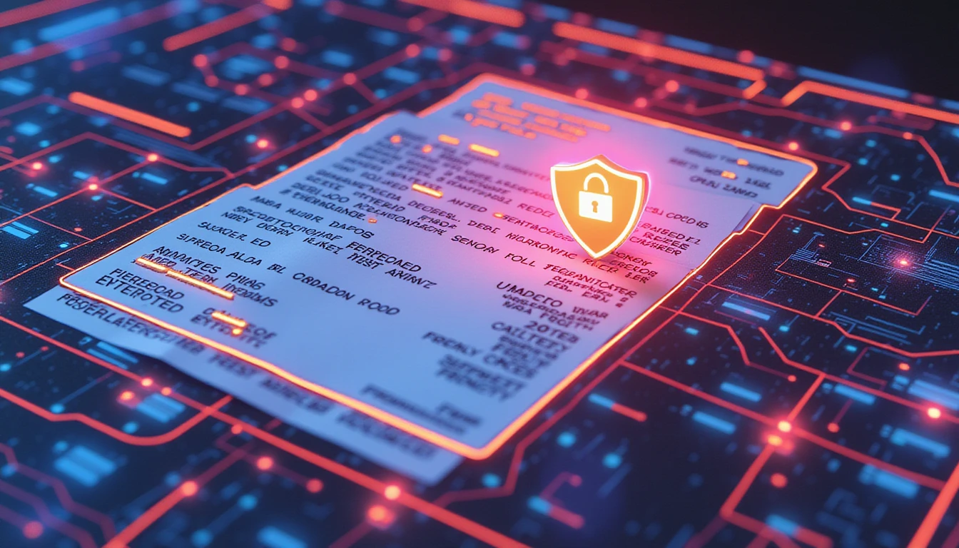 Futuristic AI interface scanning a digital receipt with anomalies, glowing shield icon, and flowing neural data streams
