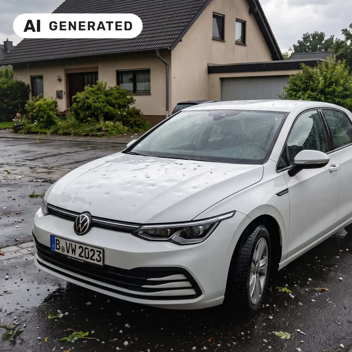 AI-generated image of a white VW Golf parked in a driveway in a residential area after a hailstorm.