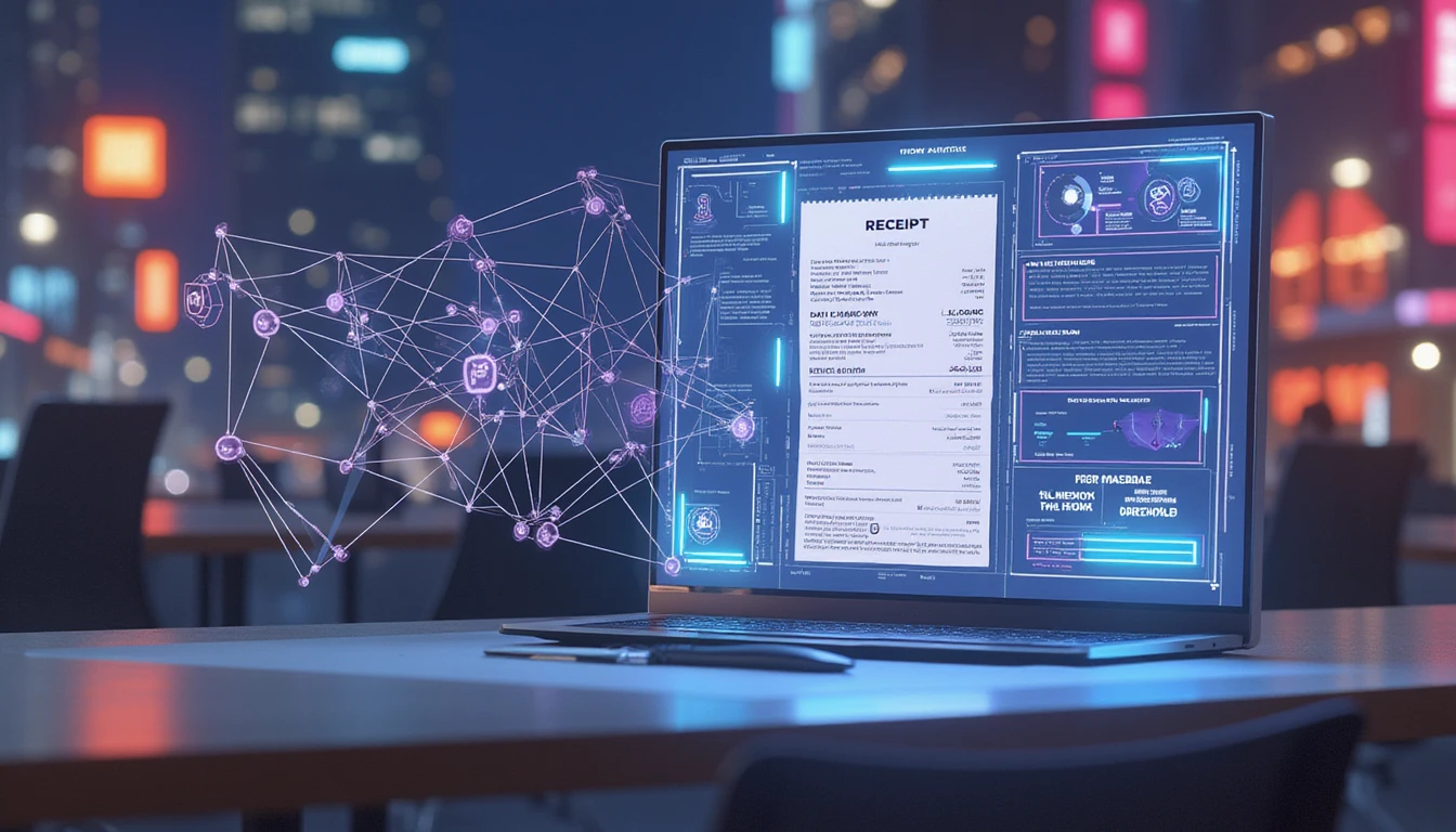High-tech desktop with glowing transparent screen showing a digital receipt and holographic fraud detection metadata overlay