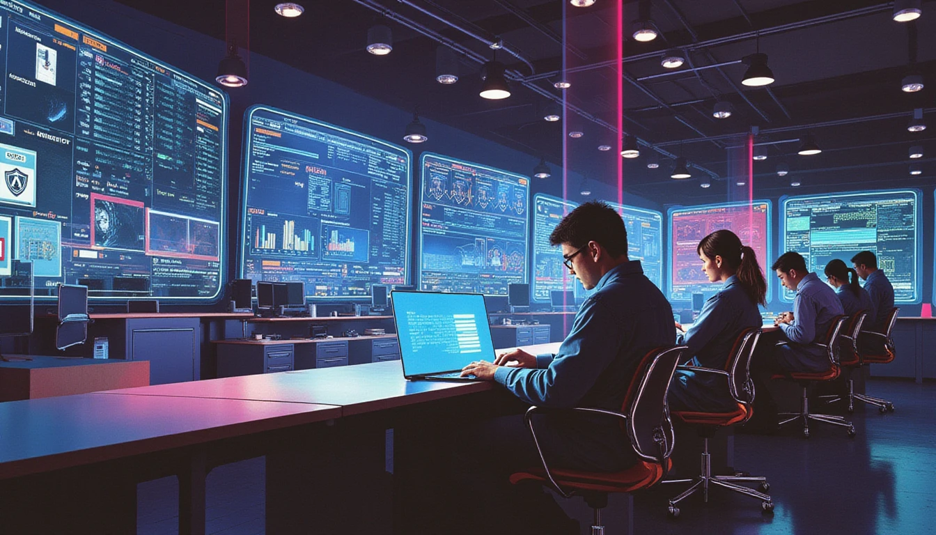 Futuristic insurance center at night with AR interfaces and AI scanning a deepfake claim document for fraud detection