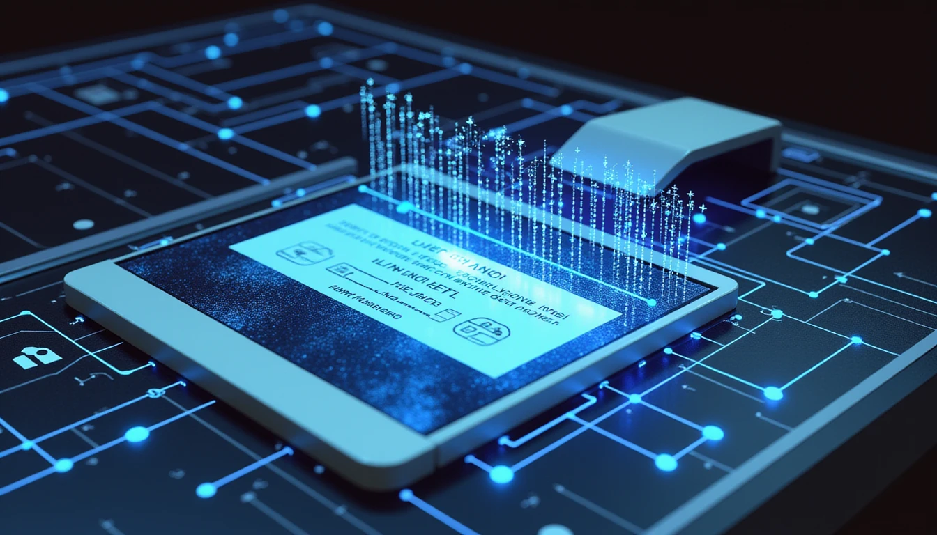Futuristic AI-driven scanner analyzes insurance documents, detecting fraud with glowing data points and neon-lit security patterns.