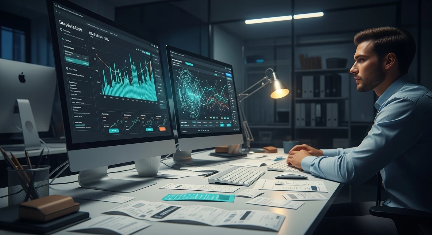 AI tools for receipt fraud prevention, highlighting a modern office setting with employees analyzing digital receipts on screens.