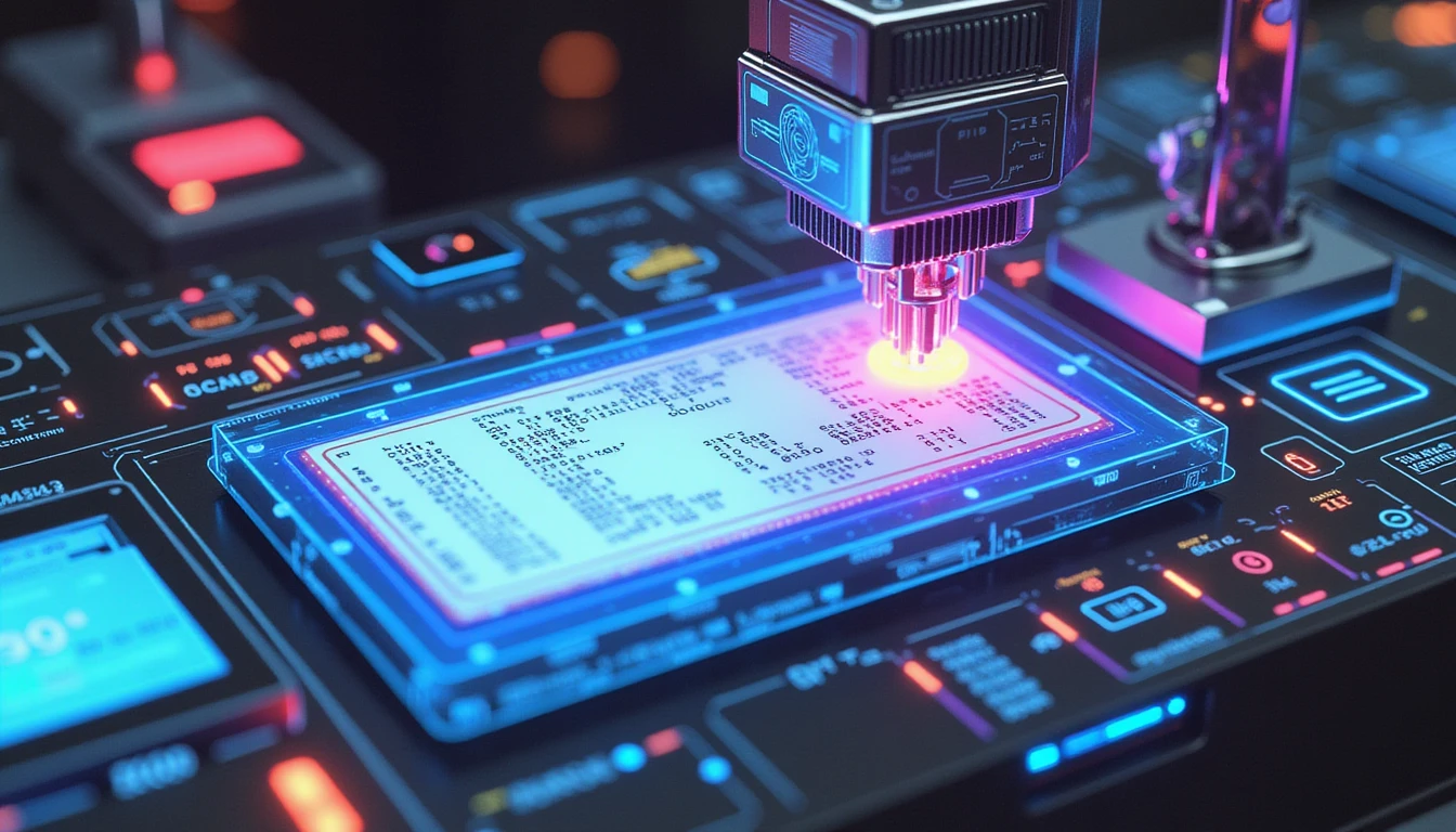 Futuristic scanner analyzes digital receipt, detecting fraud via AI algorithms, metadata inspection, and anomaly detection.