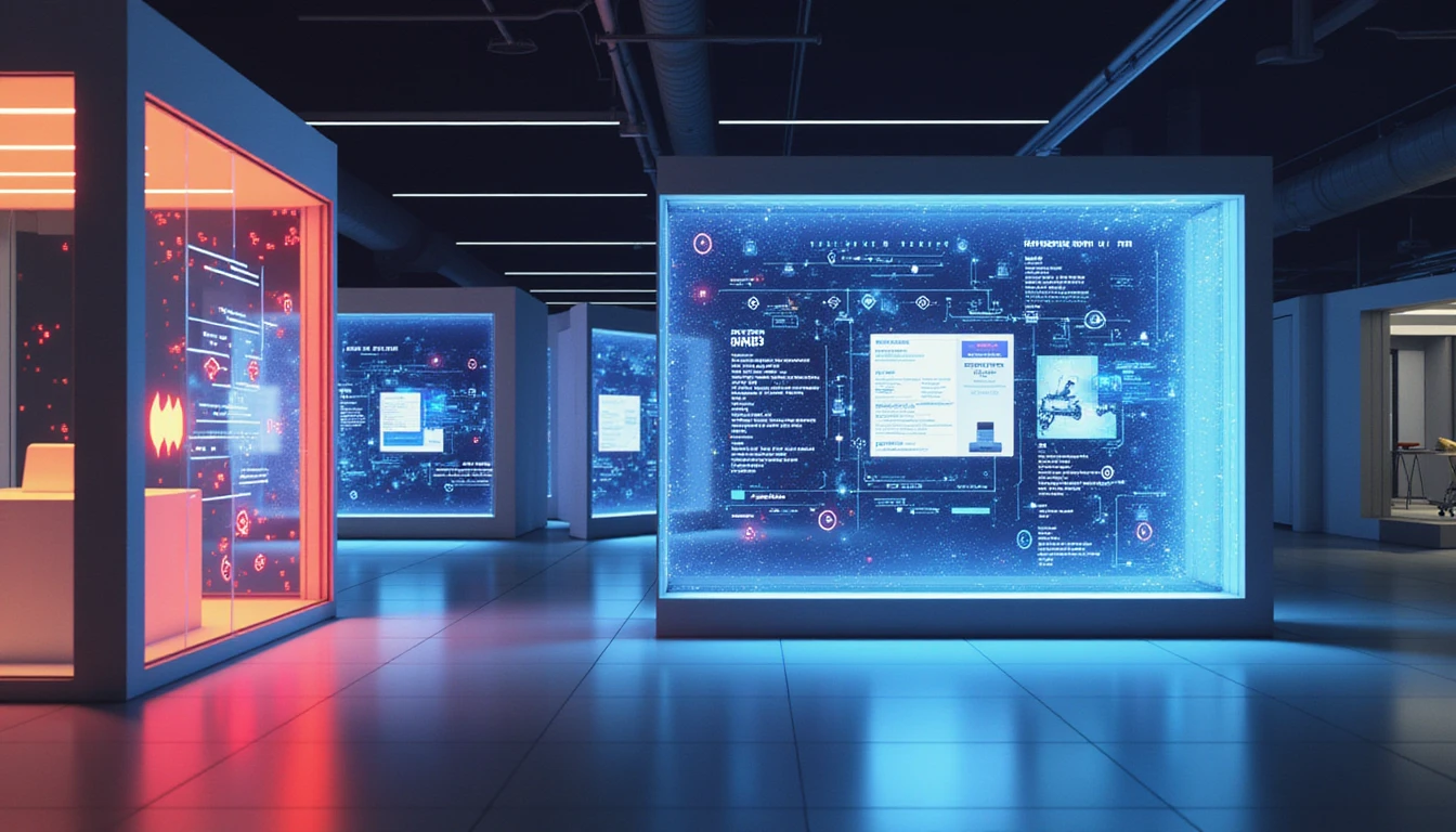 Futuristic office at night with neon data streams, AI dashboards, and holographic receipts showing secure expense automation.