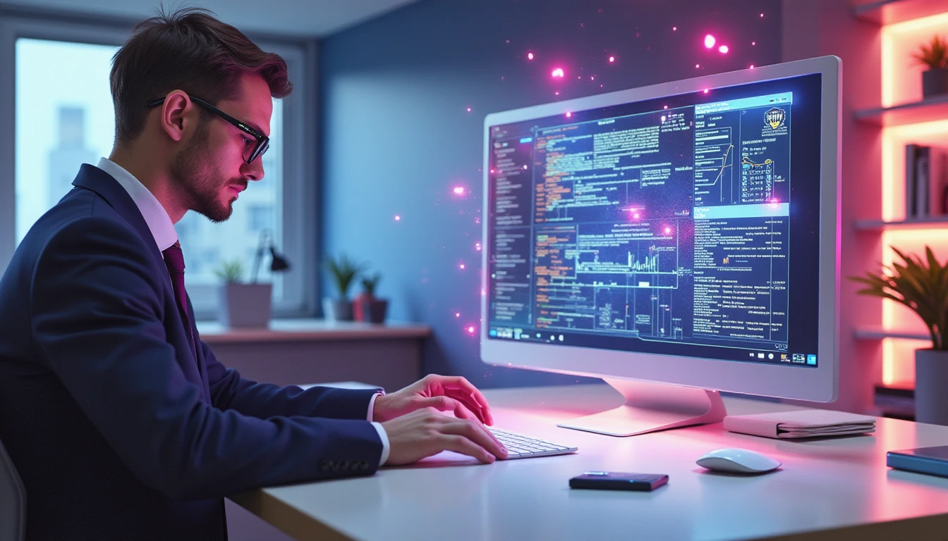 User in a neon-lit futuristic office using AI expense system, with holographic fraud detection and layered data visuals.