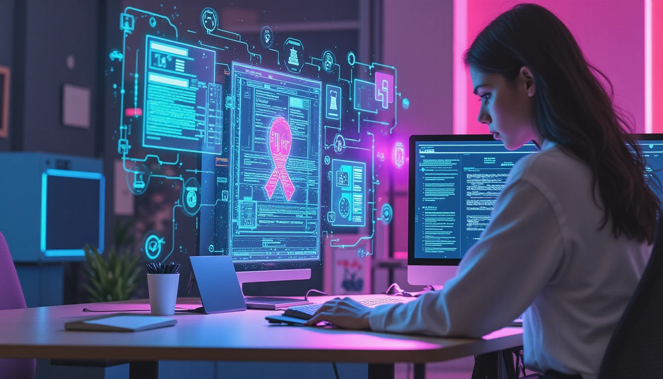 Fraud analyst reviews digital files at a computer with neon AI interface visualizing insurance fraud detection and cybersecurity systems