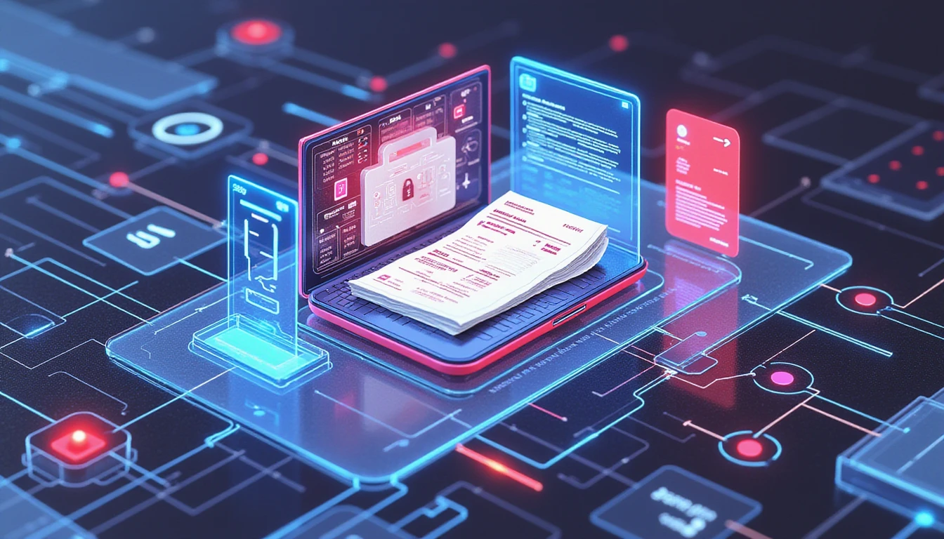 AI-powered fraud scanner analyzes an expense report amid a secure, high-tech digital ecosystem with compliance integration