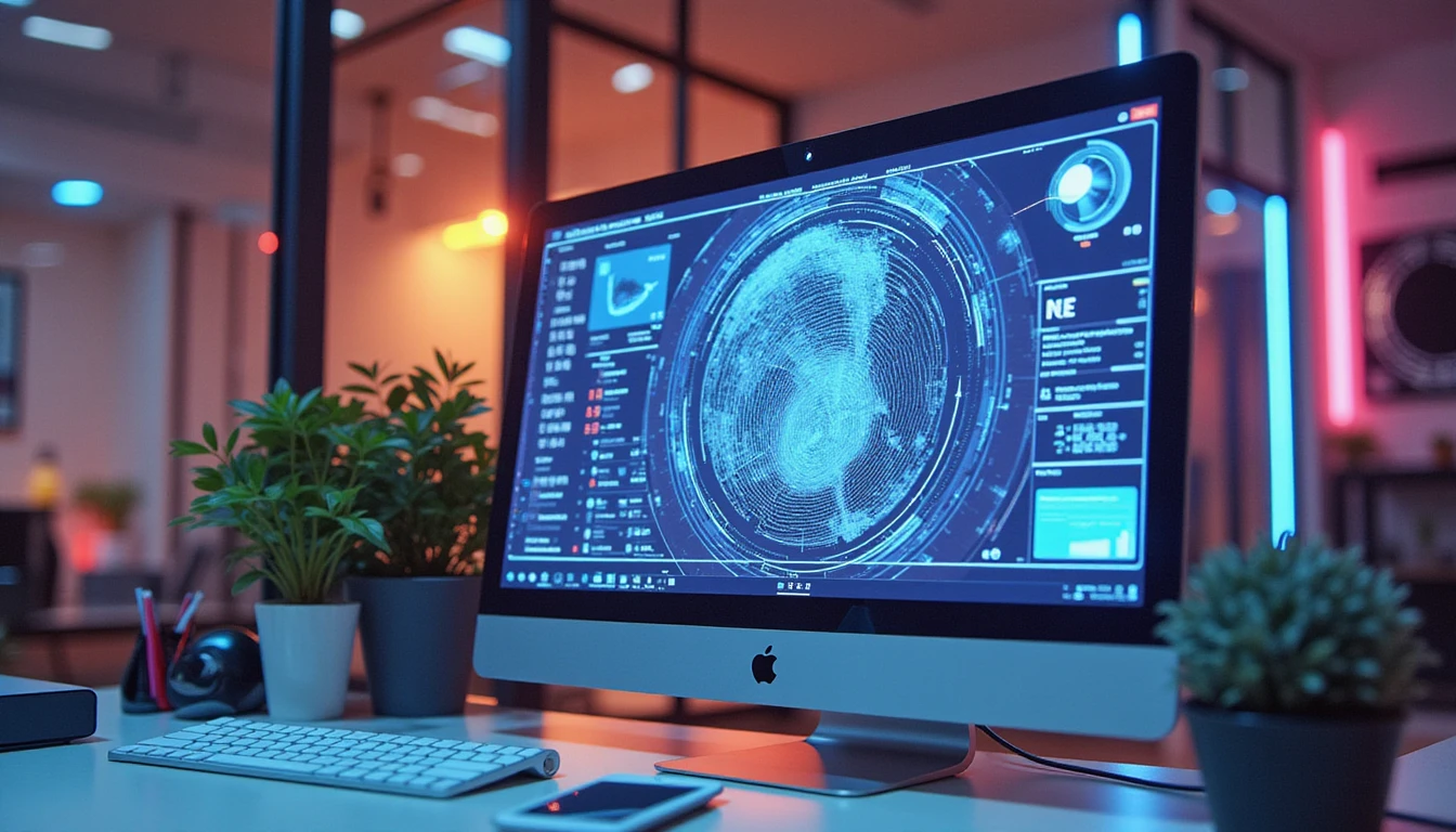 Futuristic insurance office with neon-lit AI interface analyzing image fraud via metadata and biometric verification systems