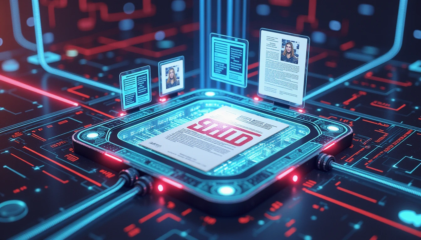 Futuristisches KI-System scannt digitale Versicherungsdateien, erkennt Betrug mit leuchtenden Oberflächen und Visualisierungen zur Echtzeitdatenanalyse