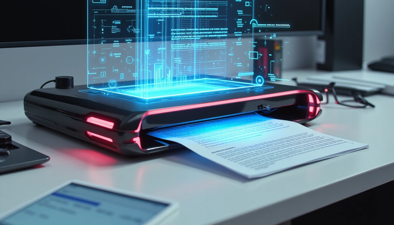 Macro view of a futuristic AI fraud detection device scanning insurance data with neon-glow overlays and holographic UI elements