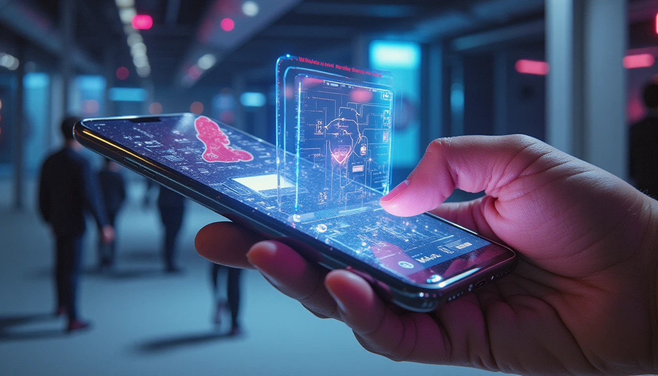 Futuristic dating app interface on smartphone with neon-glow UI, AI security visuals, and real vs. fake profile overlays
