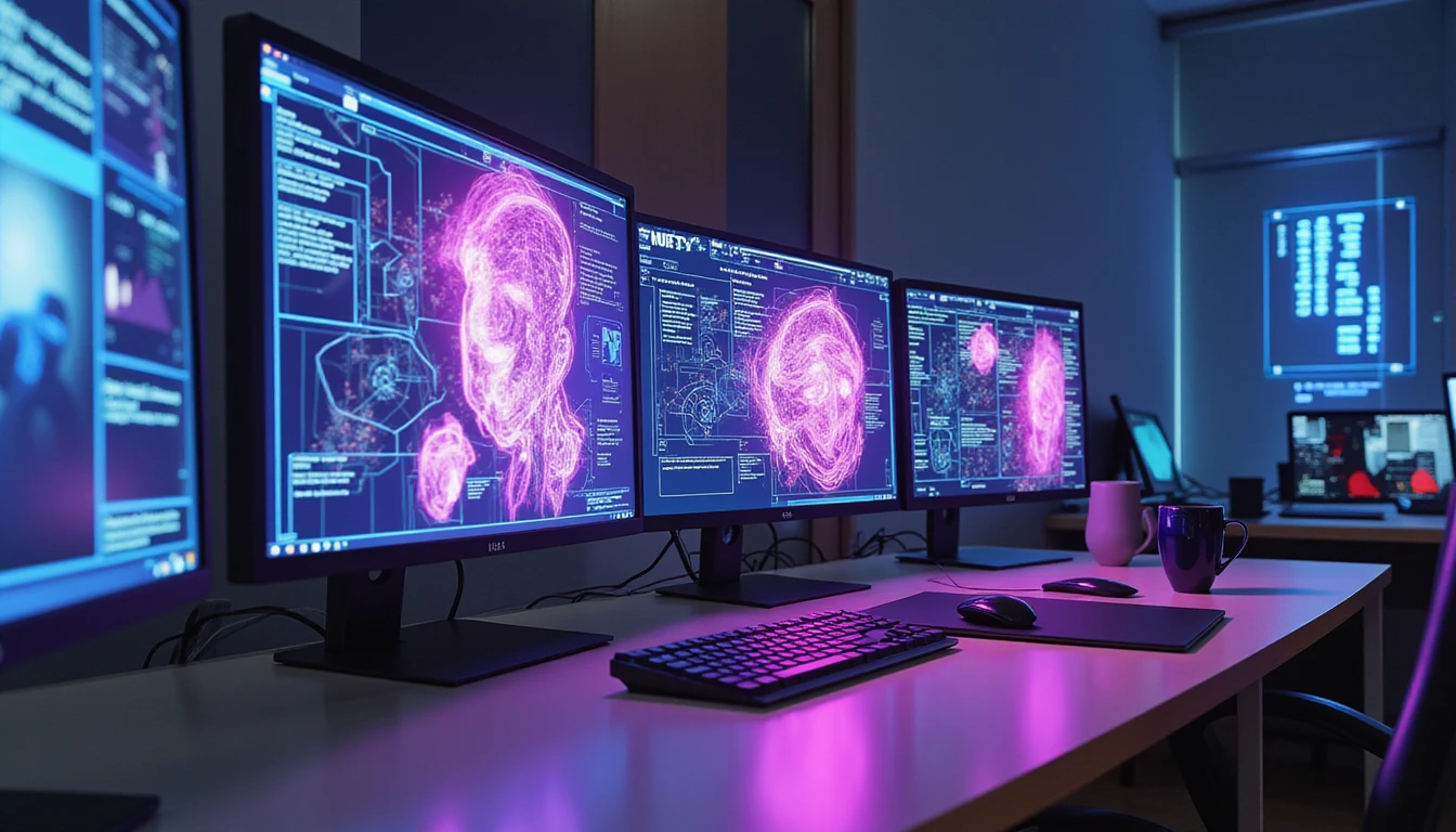 AI-powered insurance office at night with neon-lit fraud detection monitors and a forensic image scanner in action