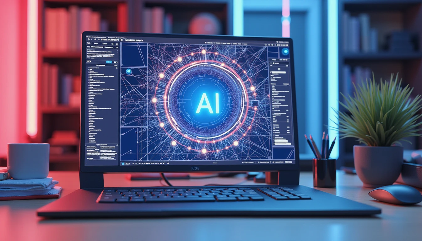 Futuristic digital insurance office with AI fraud detection interface and 3D diagram of data anomalies and neural networks