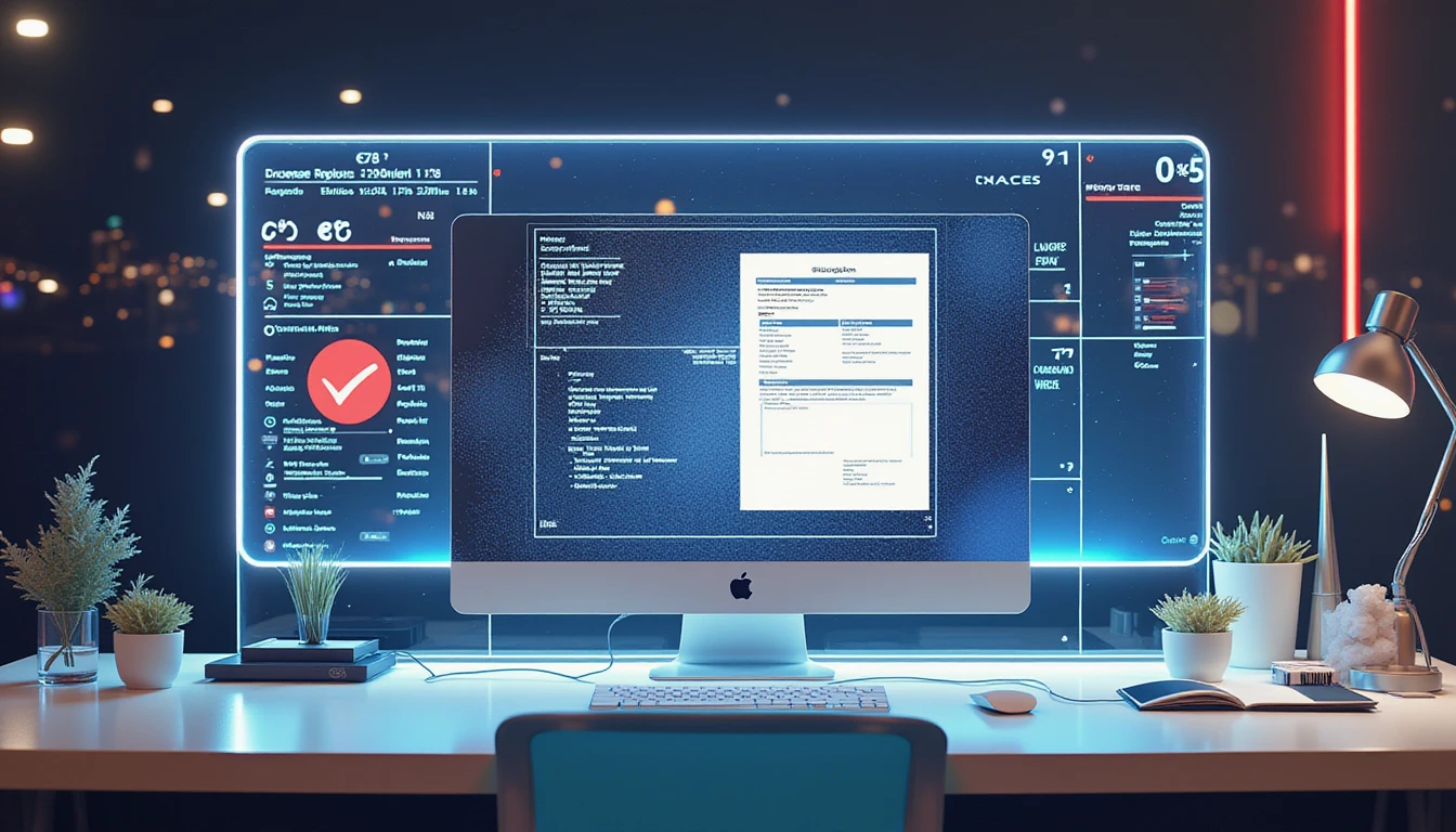 AI-powered workspace with holographic screen analyzing expense reports for fraud detection amid glowing data streams