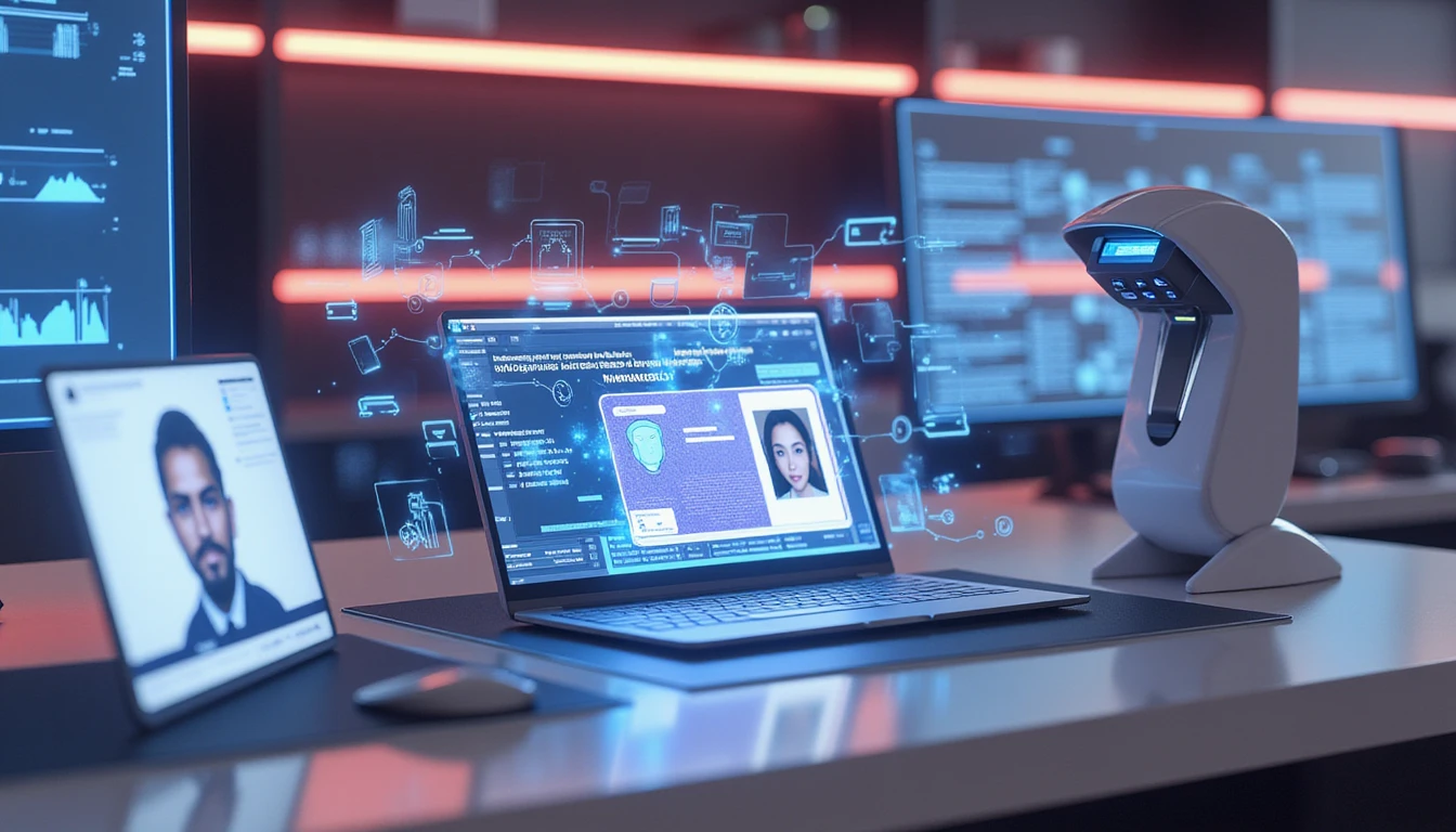 Macro view of a neon-lit Insurtech office with AI fraud detection analyzing digital ID and floating data interfaces