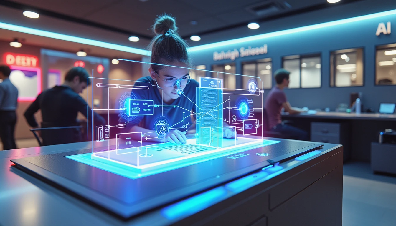 Futuristic office with neon-lit AI interfaces scanning receipts and detecting fraud via abstract machine learning visuals