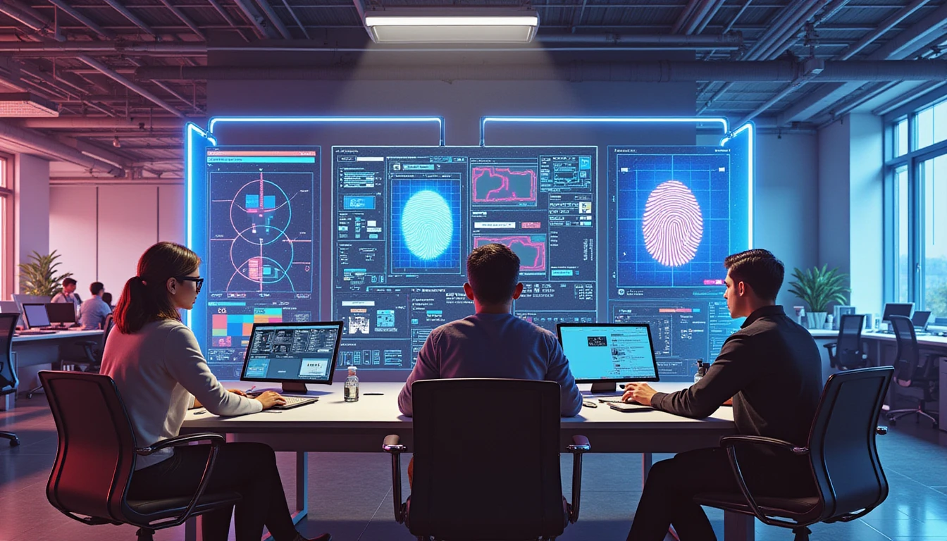 Insurance analysts review AI-generated images on neon-lit screens with digital overlays for image authenticity verification.