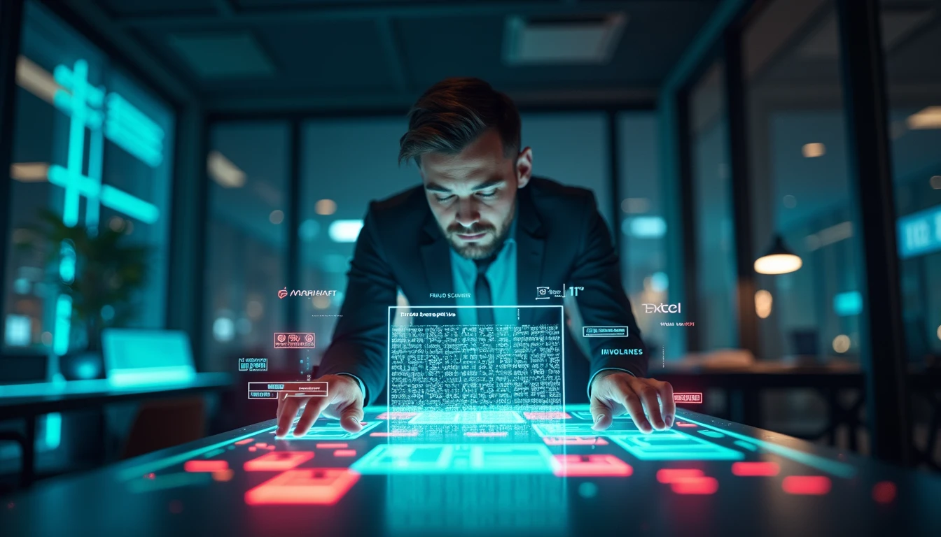 Professional analyzing holographic invoices on digital table as AI system scans for financial fraud with VAARHAFT Fraud Scanner